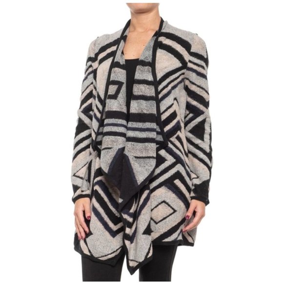 Lucky Brand Intarsia Knit Cardigan Waterfall Drape Open Front Boho Shawl Sweater - Picture 3 of 16